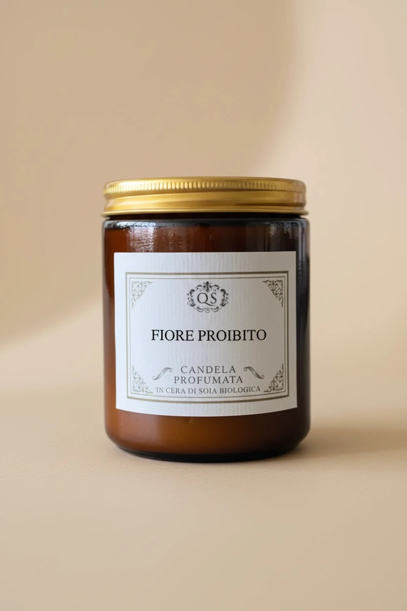 Candela soia Fiore Proibito in vetro ambrato con etichetta classica su sfondo beige
