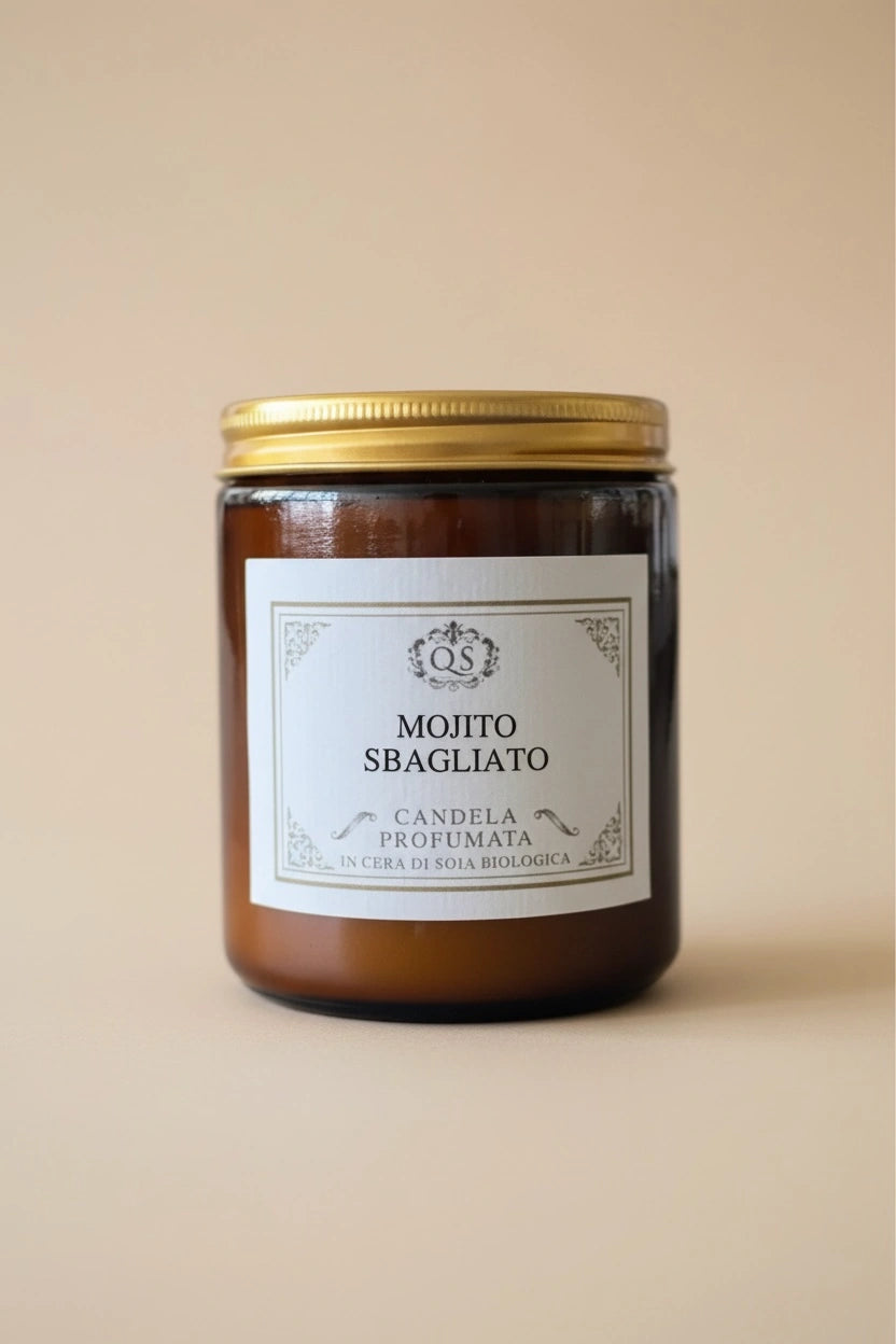 Candela soia Mojito Sbagliato in vetro ambrato con tappo dorato su sfondo beige