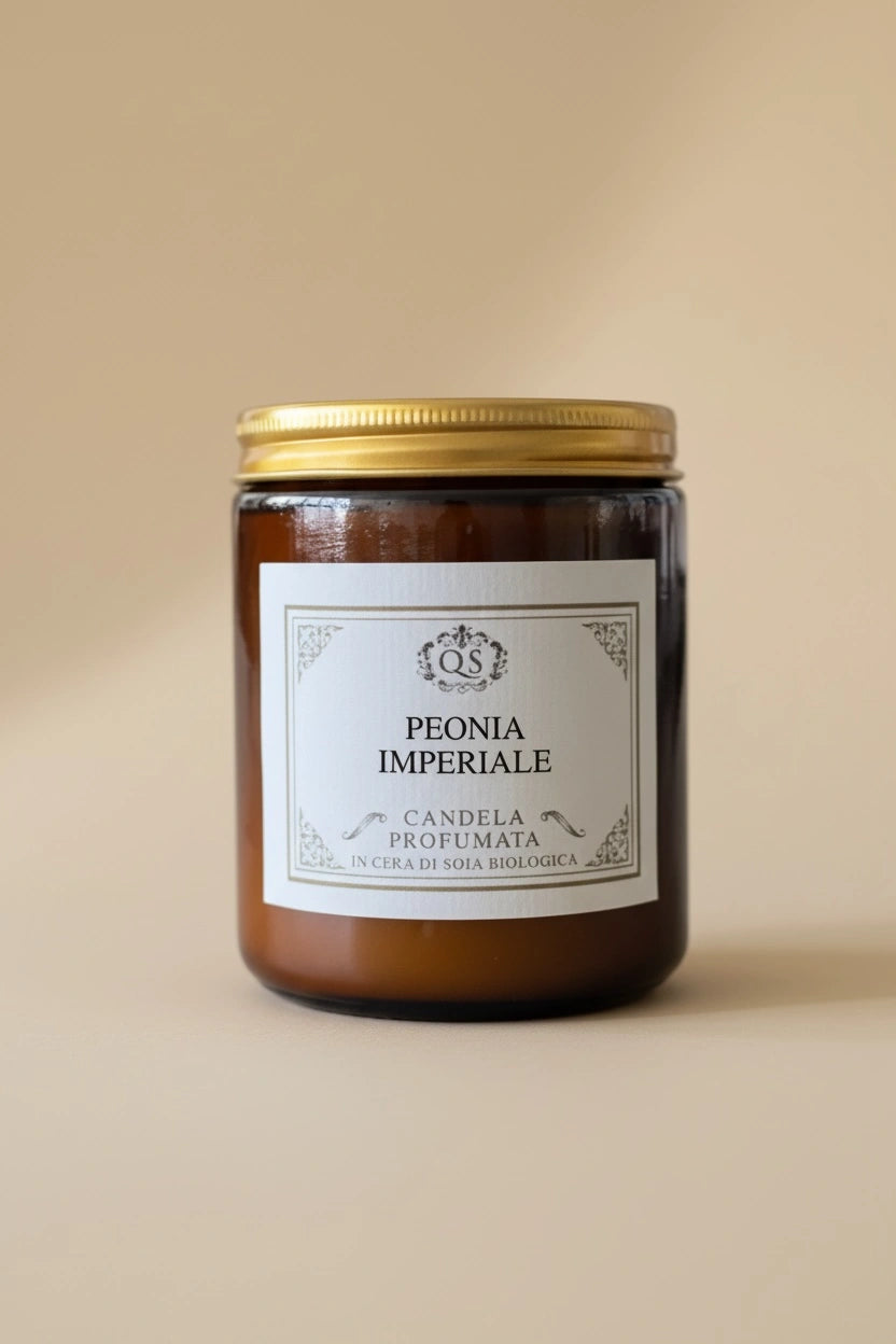 Candela soia Peonia Imperiale in vetro ambrato con tappo dorato su sfondo beige