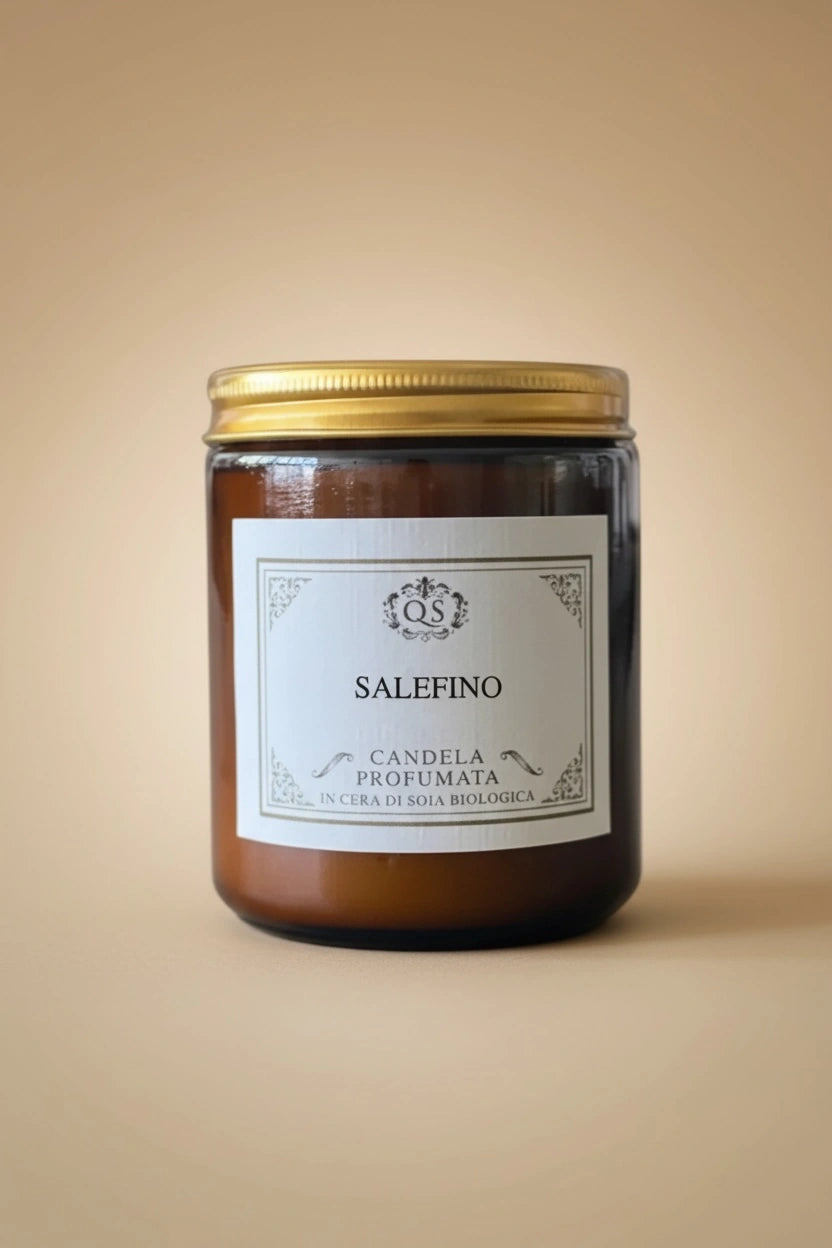 Candela soia Salefino in vetro ambrato con tappo dorato su sfondo beige