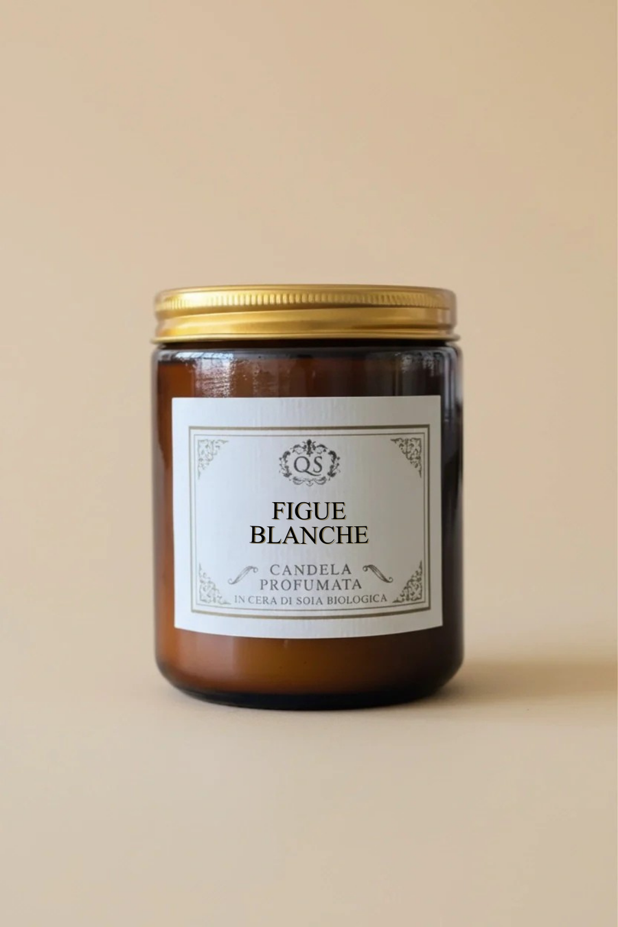 Candela profumata in cera di soia Figue Blanche su sfondo beige