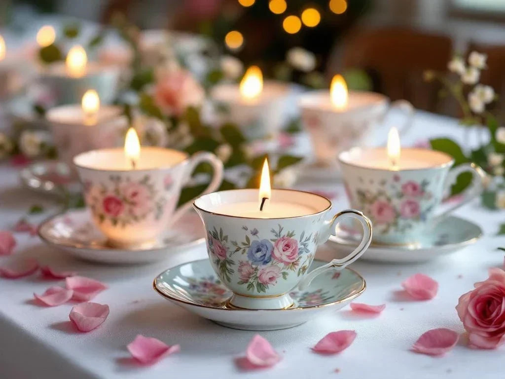 Bomboniere online: candele in cera di soia colate in tazze vintage inglesi di Quello Sbagliato