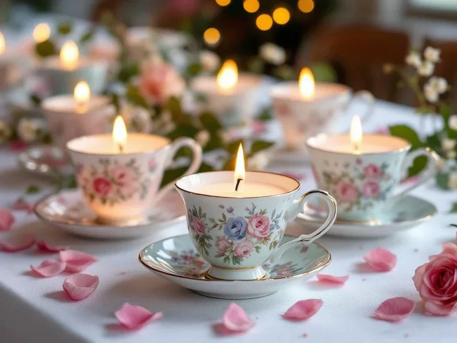 Bomboniere online: candele in cera di soia colate in tazze vintage inglesi di Quello Sbagliato