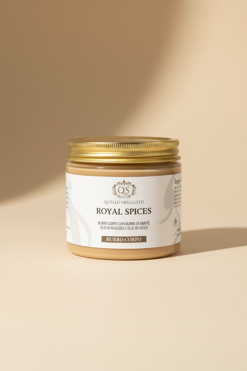 Royal Spices burro corpo nutriente karité avocado cocco pepe nero liquirizia agrumi rapido assorbimento