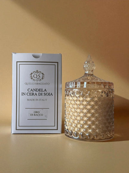 Candela soia Bacco Luxury scatola bianca oro packaging lusso vista frontale