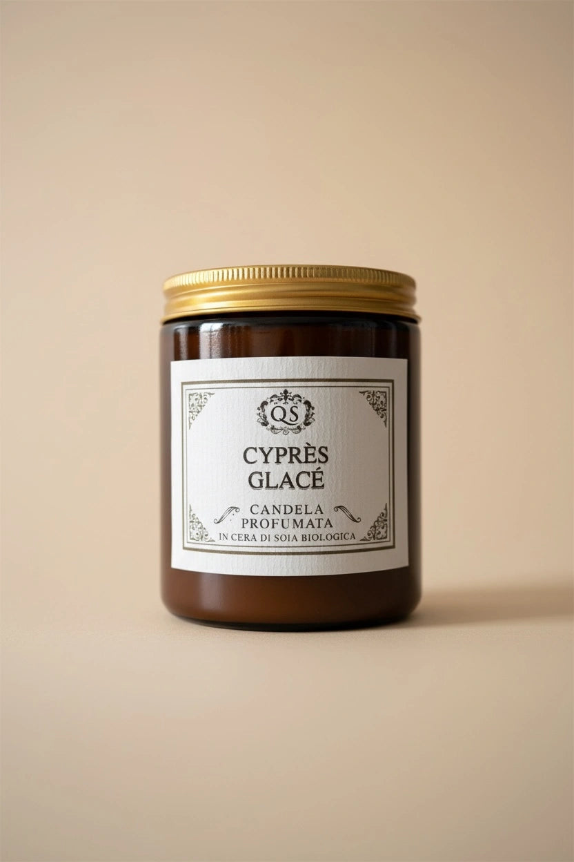 Candela profumata Cyprès Glacé in vetro ambrato con tappo dorato su sfondo beige