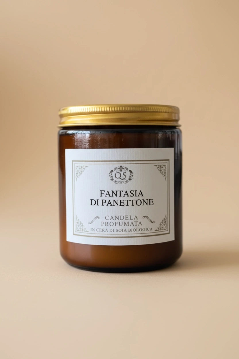 Candela soia Fantasia di Panettone in vetro ambrato con tappo dorato su sfondo beige