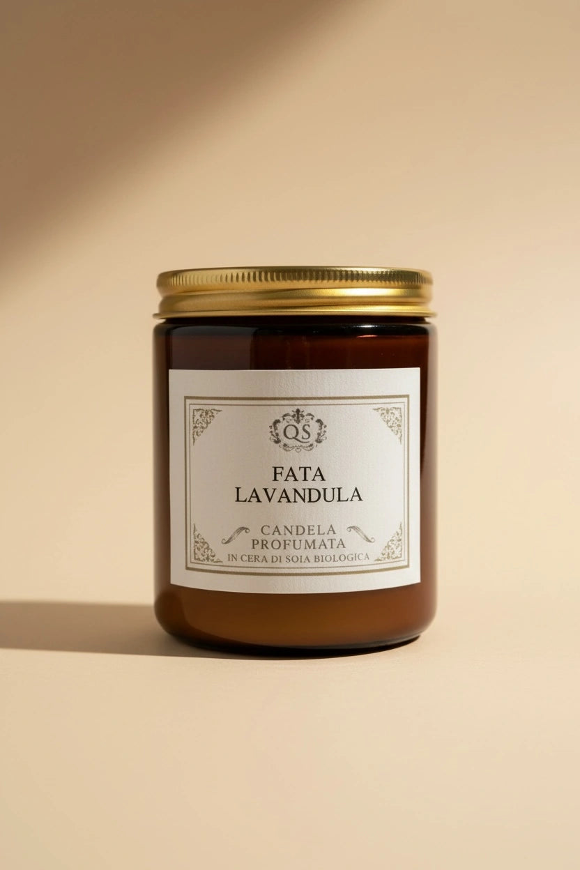 Candela soia Fata Lavandula in vetro ambrato con tappo dorato su sfondo beige
