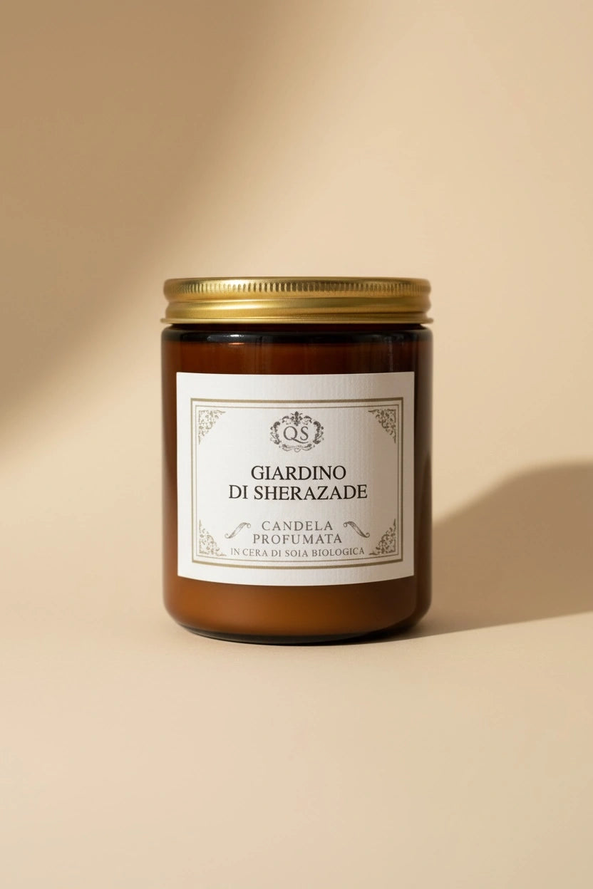 Candela soia Giardino di Sherazade in vetro ambrato con tappo dorato su sfondo beige