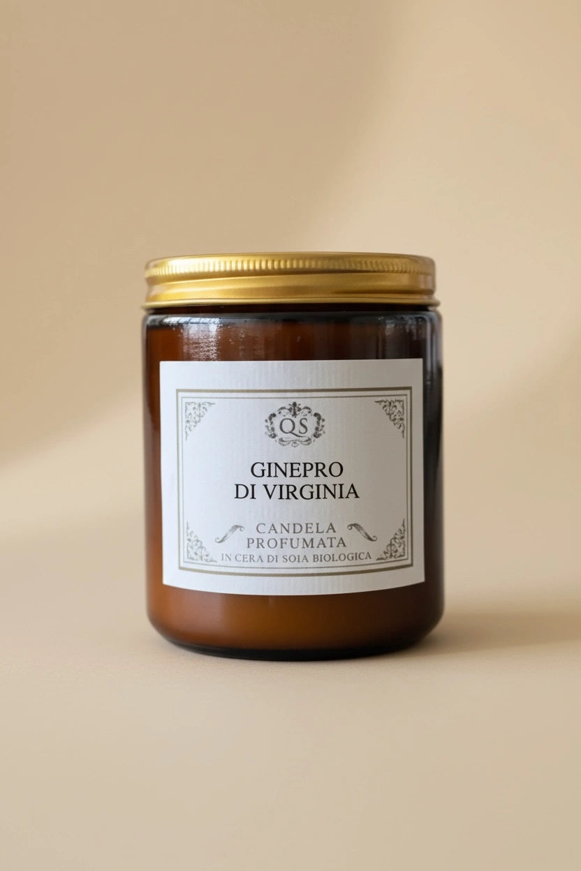 Candela profumata Ginepro di Virginia in vetro ambrato con tappo dorato su sfondo beige