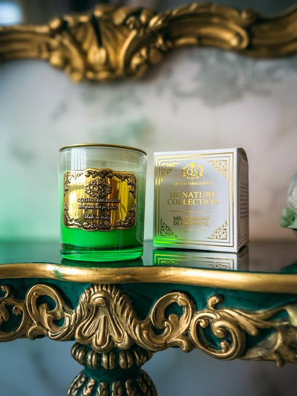 Candela soia Melograno di Afrodite Luxury scatola bianca oro packaging lusso vista frontale