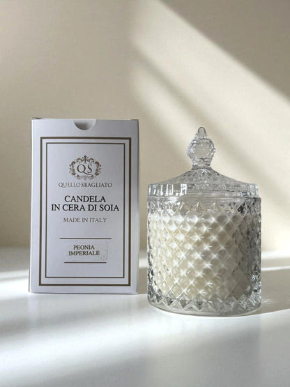 Candela soia Peonia Imperiale Luxury scatola bianca oro packaging lusso vista frontale