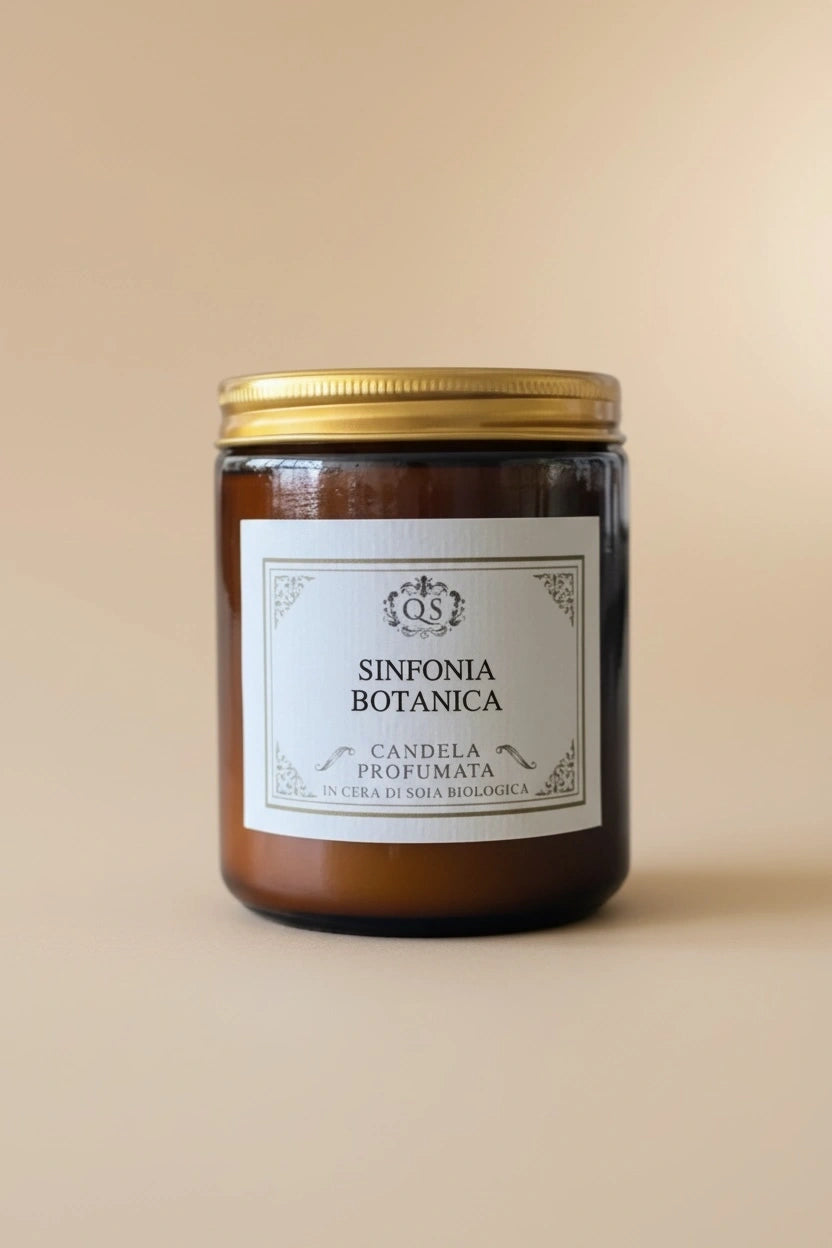 Candela profumata alla soia Sinfonia Botanica in vetro ambrato con tappo dorato su sfondo beige