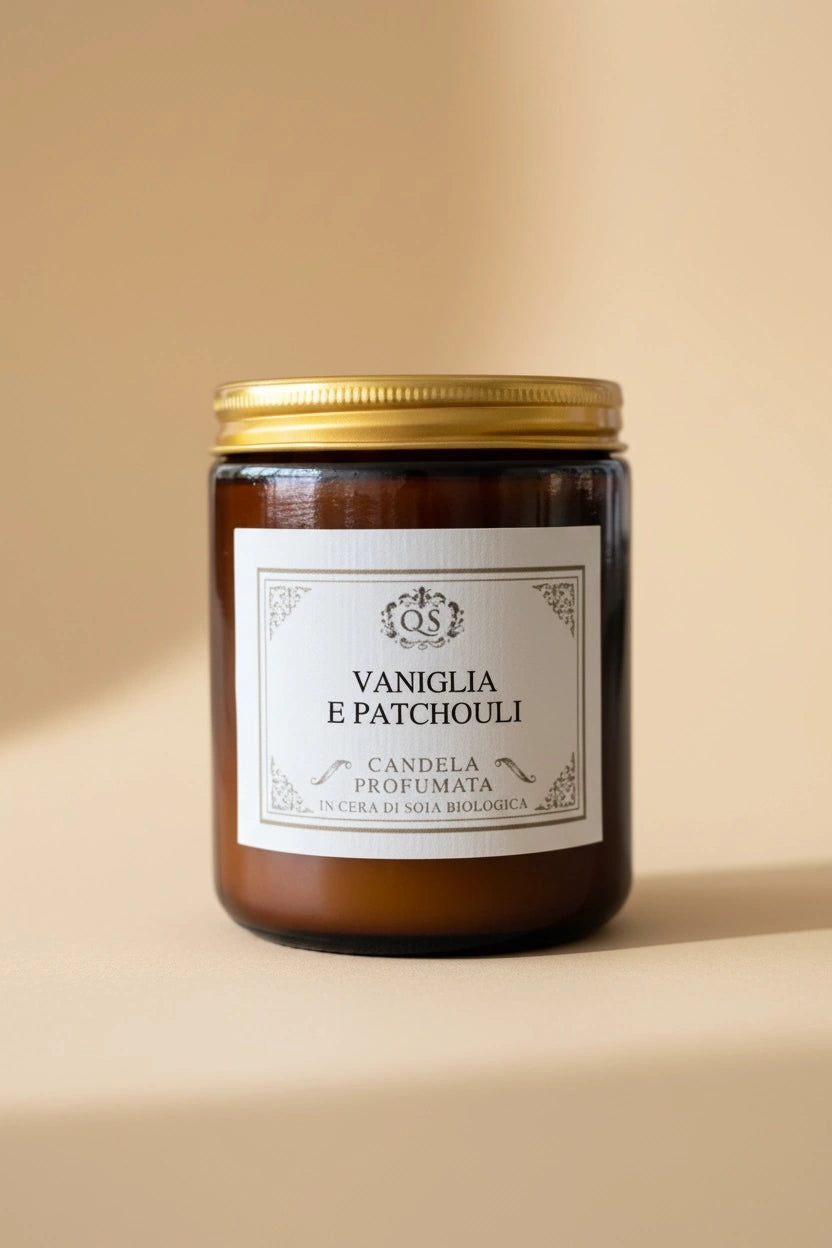 Candela soia Vaniglia e Patchouli in vetro ambrato con tappo dorato su sfondo beige