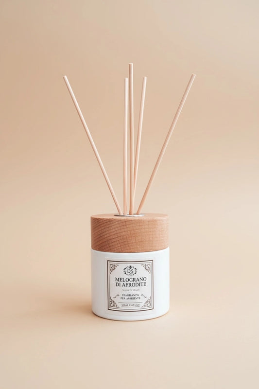 Flacone vetro bianco tappo legno naturale diffusore Melograno di Afrodite bastoncini fibra artigianale