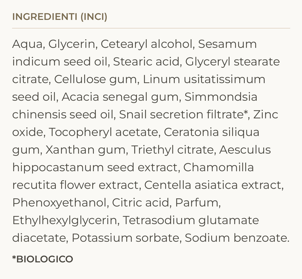 Ingredienti (INCI) di Hydra Lift Mask – Maschera Viso Lift Bava di Lumaca Biologica