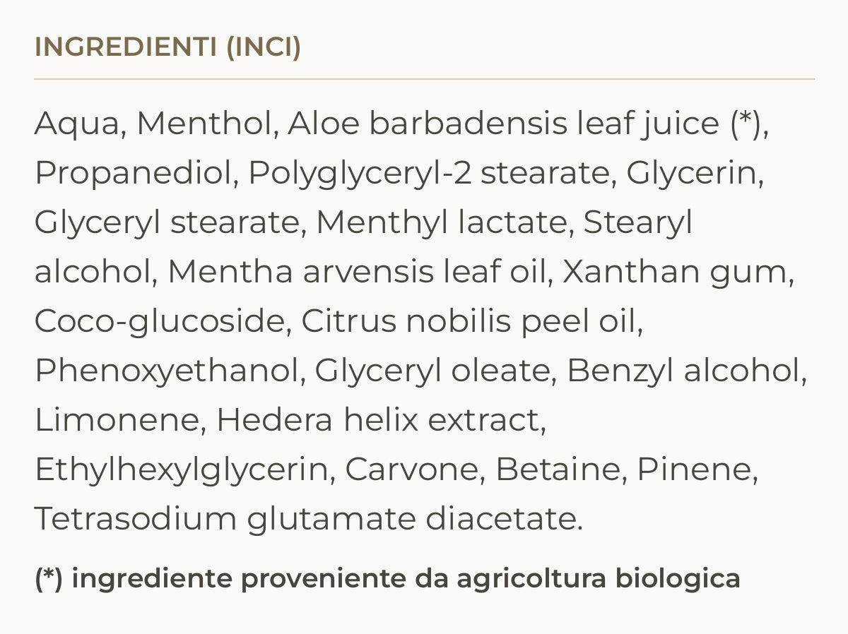 Ingredienti (INCI) di Ice Queen – Gel Gambe Effetto Ghiaccio Mentolo e Eucalipto