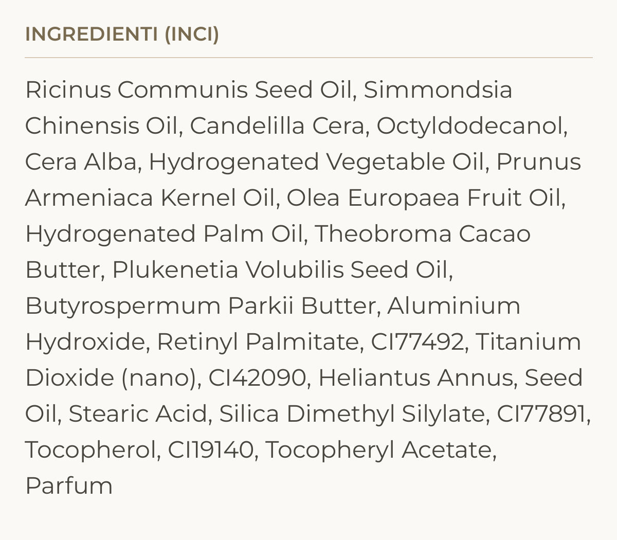 Ingredienti (INCI) di Lip Balm – Burrocacao Naturale Olio Oliva