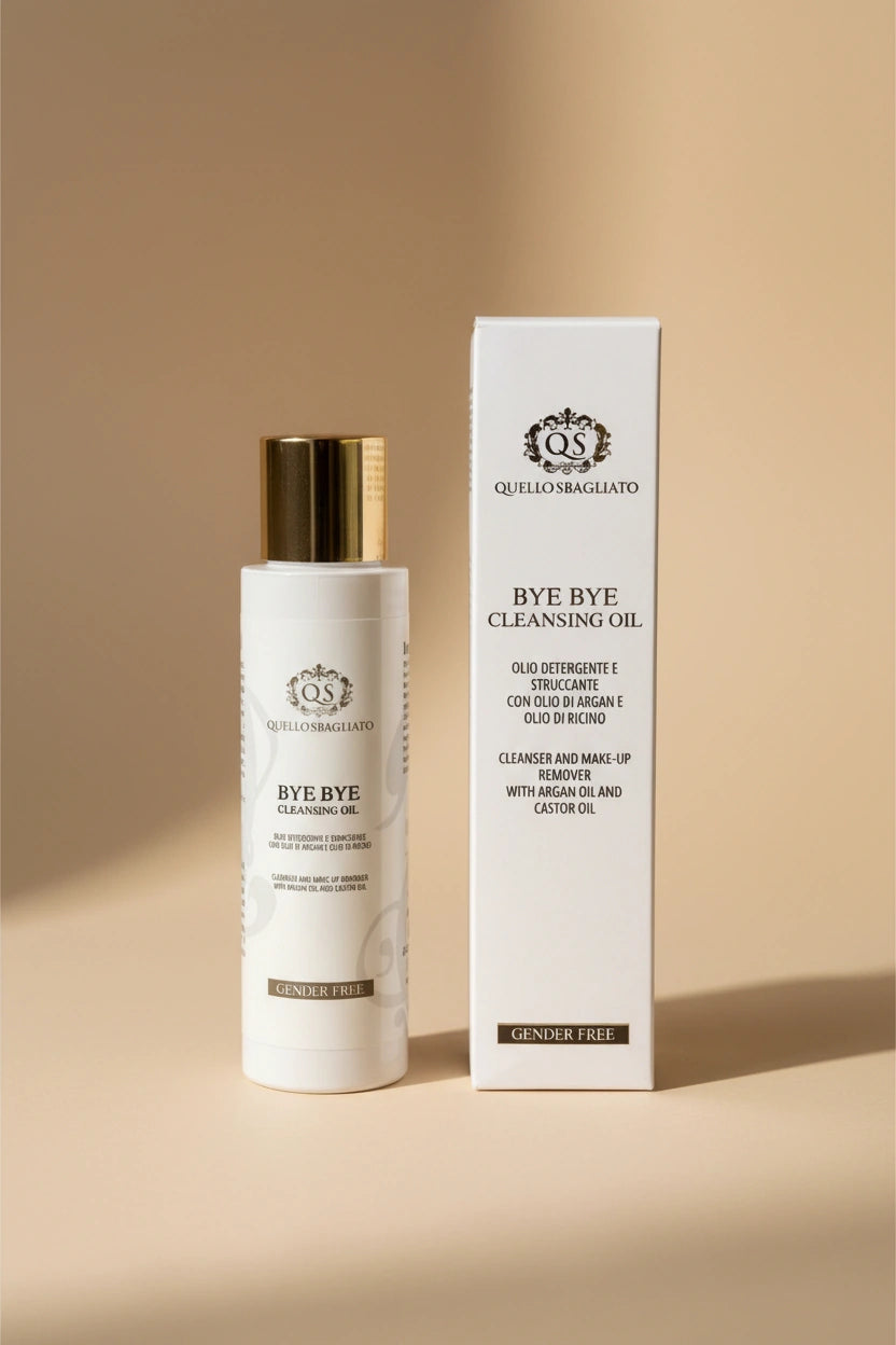 Olio detergente oleoso viso Bye Bye Quello Sbagliato, detergente e struccante con texture oleosa su fondo beige, packaging minimal elegante