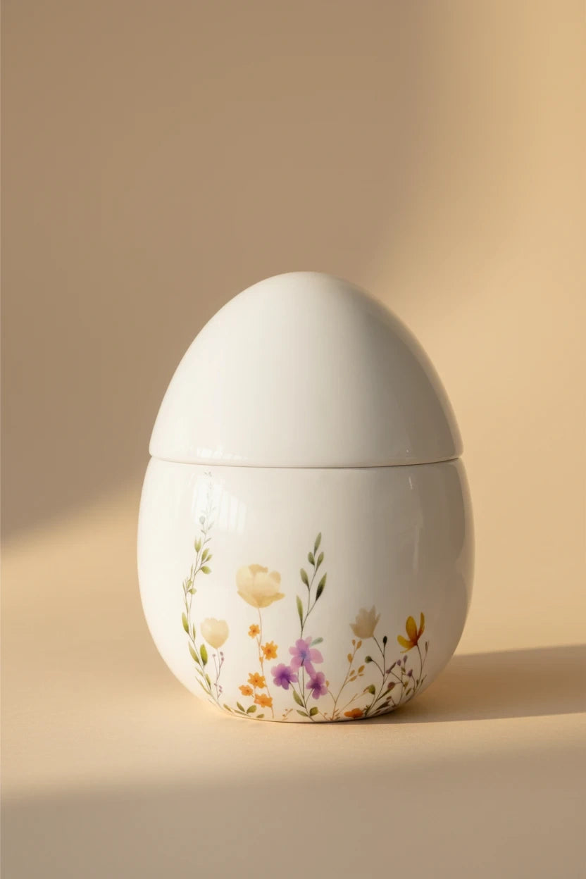 Candela colata in uovo di ceramica con decori floreali quello sbagliato