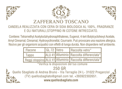 Dettaglio etichetta candela Zafferano Toscano fragranza artigianale