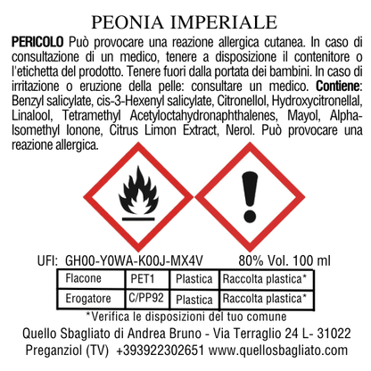 Etichetta spray ambiente Peonia Imperiale Made in Italy Mogliano Veneto